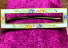 Load image into Gallery viewer, Antique Victorian hand-painted enamel “Forget Me Not” brooch in brass, styled as a buckle